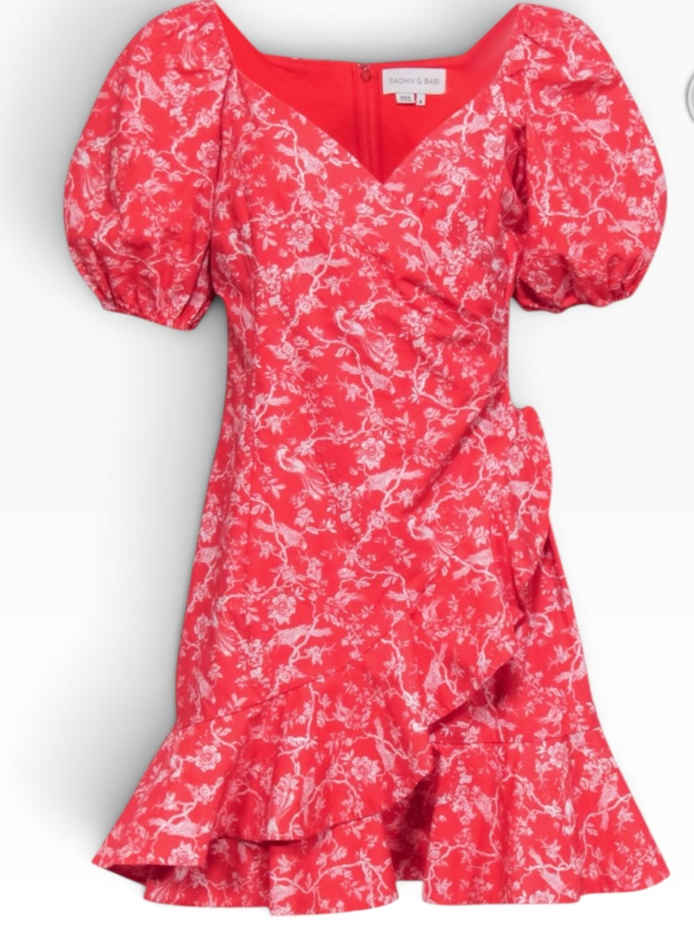 Sachin & Babi Catherine Red Floral Bird Puff Sleeve Ruffle Mini Dress 0
